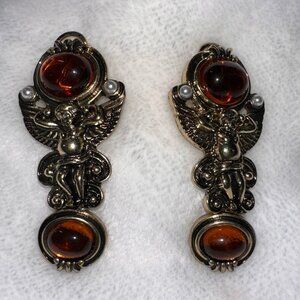 Vintage Ornate Cherub Angel Statement Earrings Gold Tone Amber & Pearl